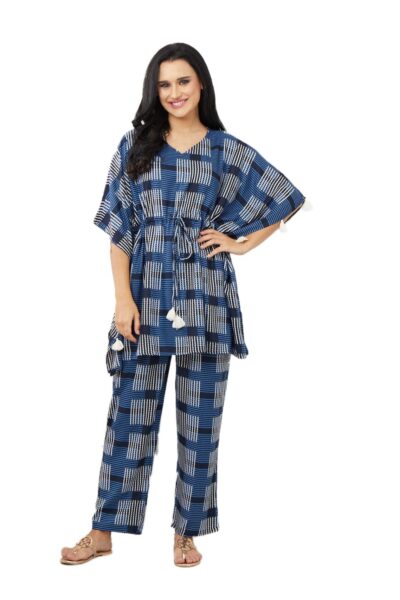Blue checked tassel kaftan set